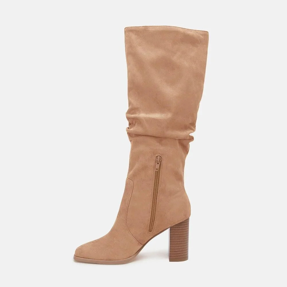 Women's Light Khaki Chunky High Heel Square Zipper Wide Calf Knee High Boots